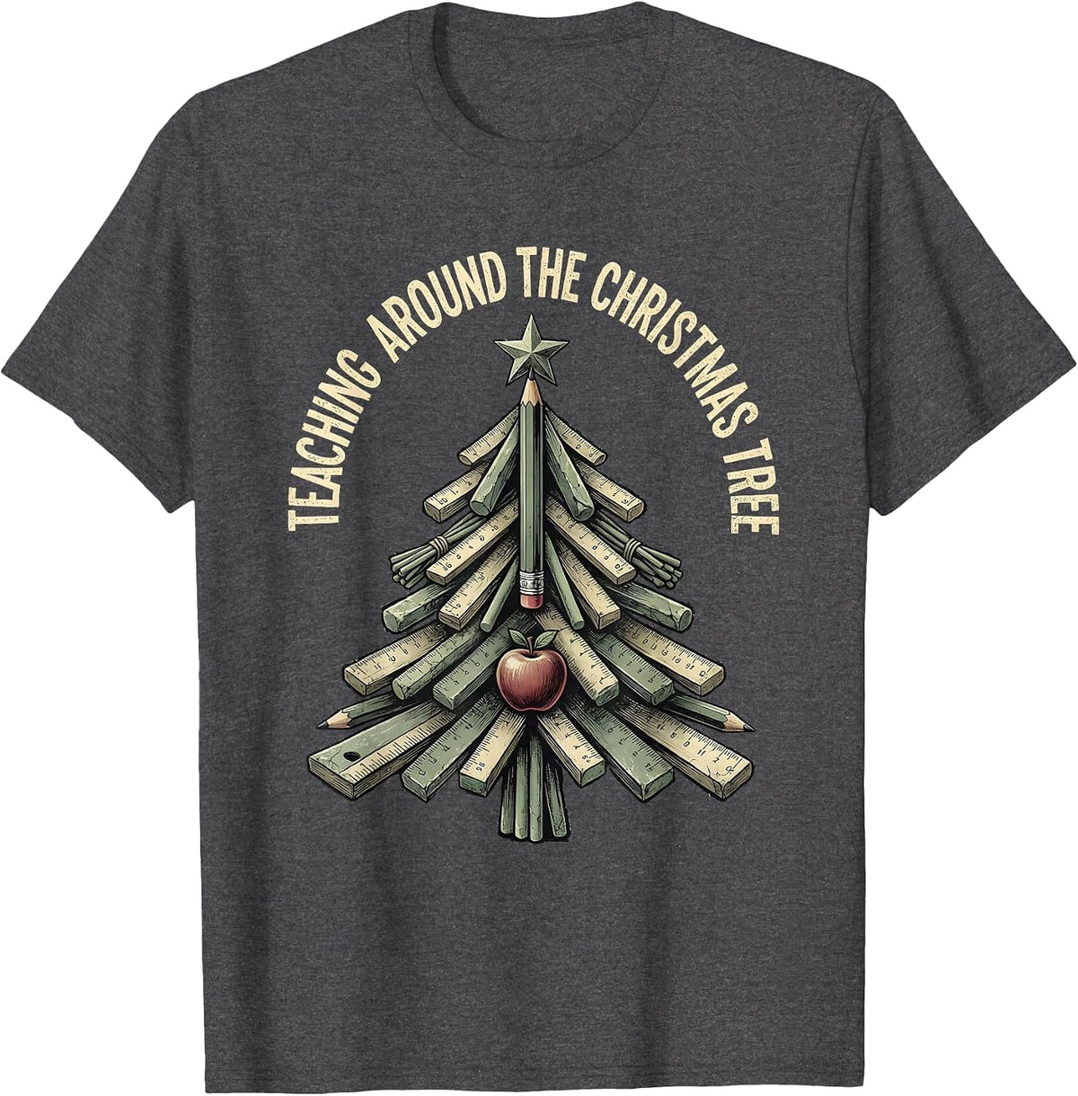 Teaching Around The Christmas Tree Distressed Funny Teacher T-Shirt - Dark Heather Grey