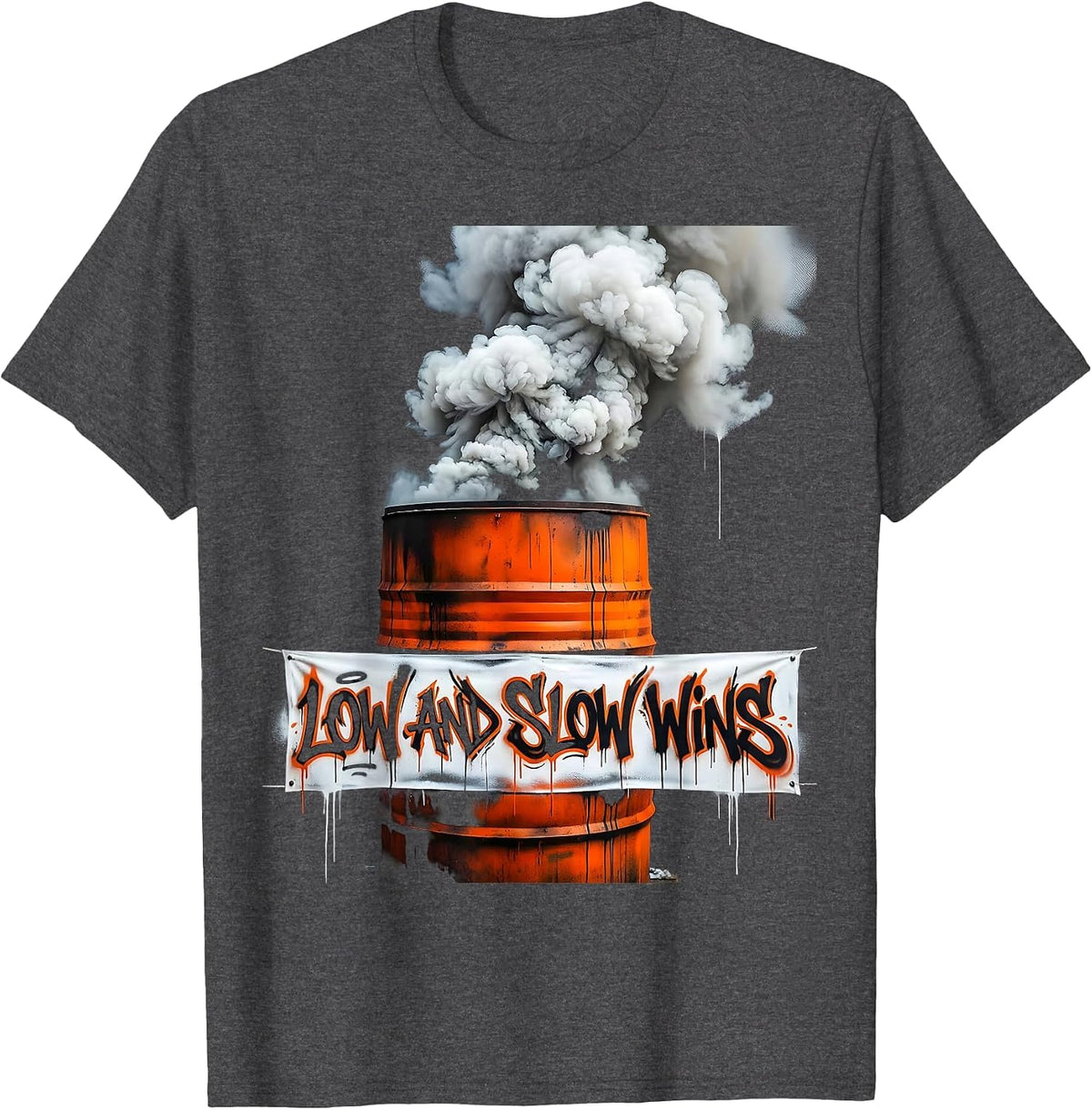 Low and Slow Wins Labor Day BBQ Smoker Design T-Shirt - Dark Heather Grey