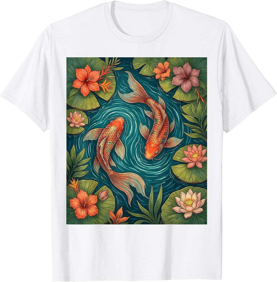 Colorful Koi Fish Lily Pad Hawaiian Design T-Shirt - White