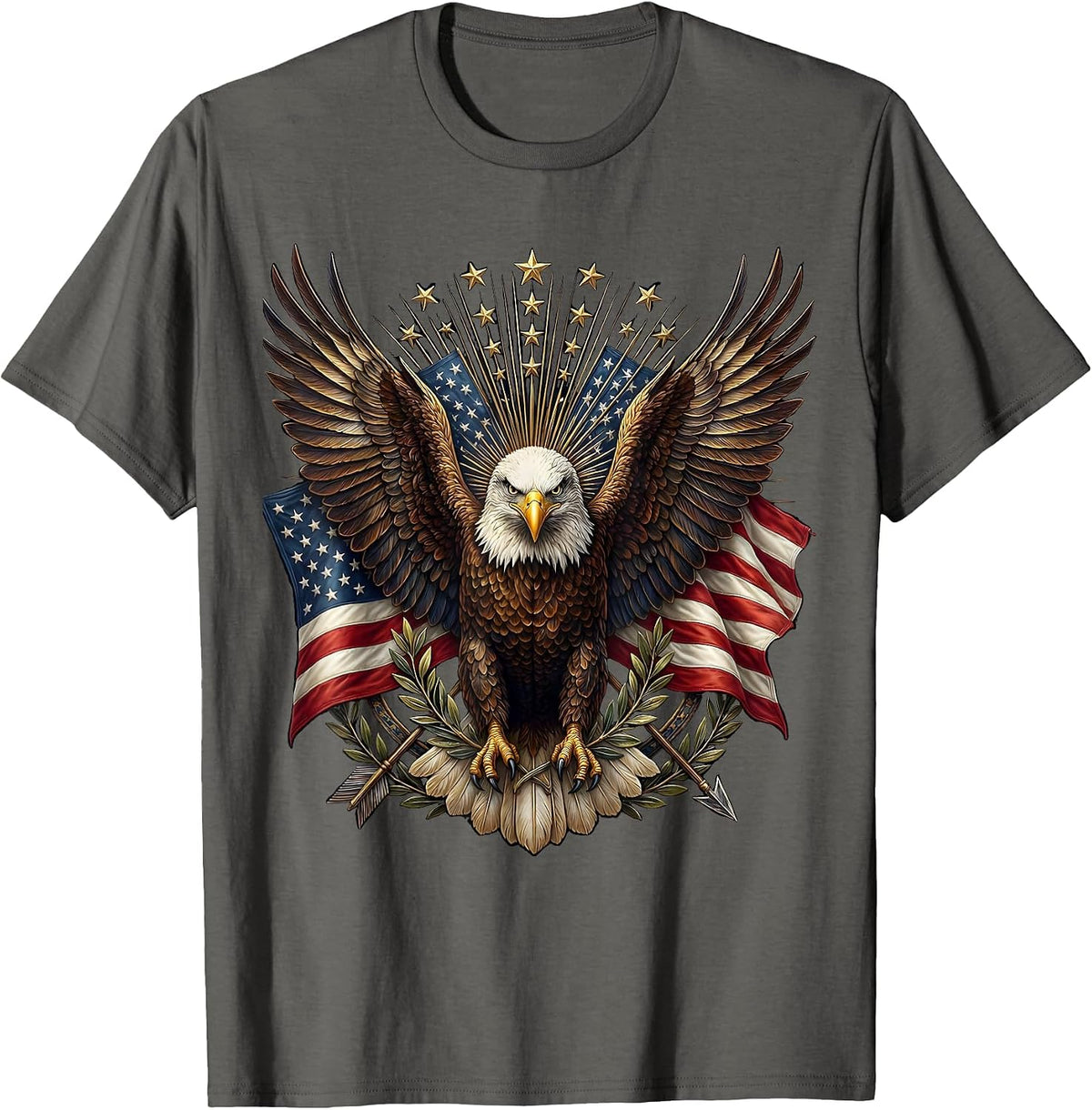 Bald Eagle Spread Wings Over American Flag T-Shirt - Asphalt Grey