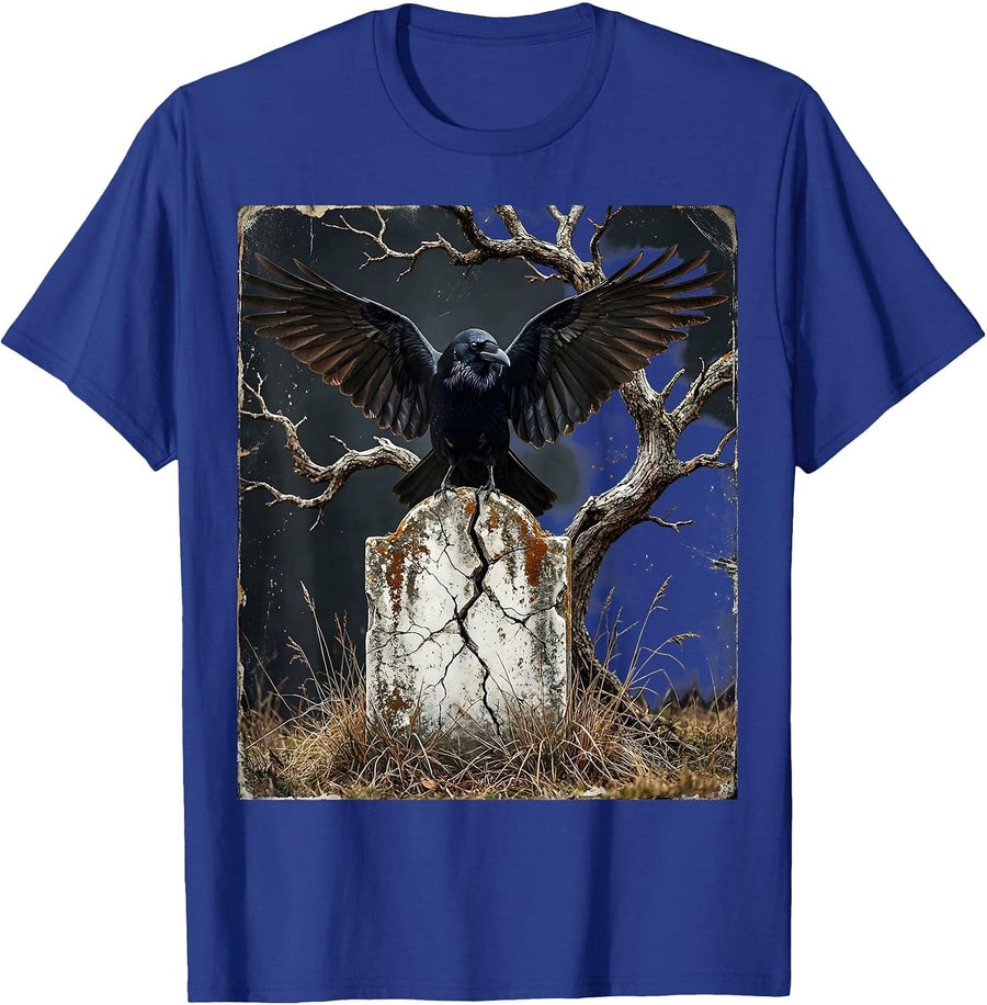Crow on Cracked Gravestone Halloween Graphic T-Shirt - Royal Blue