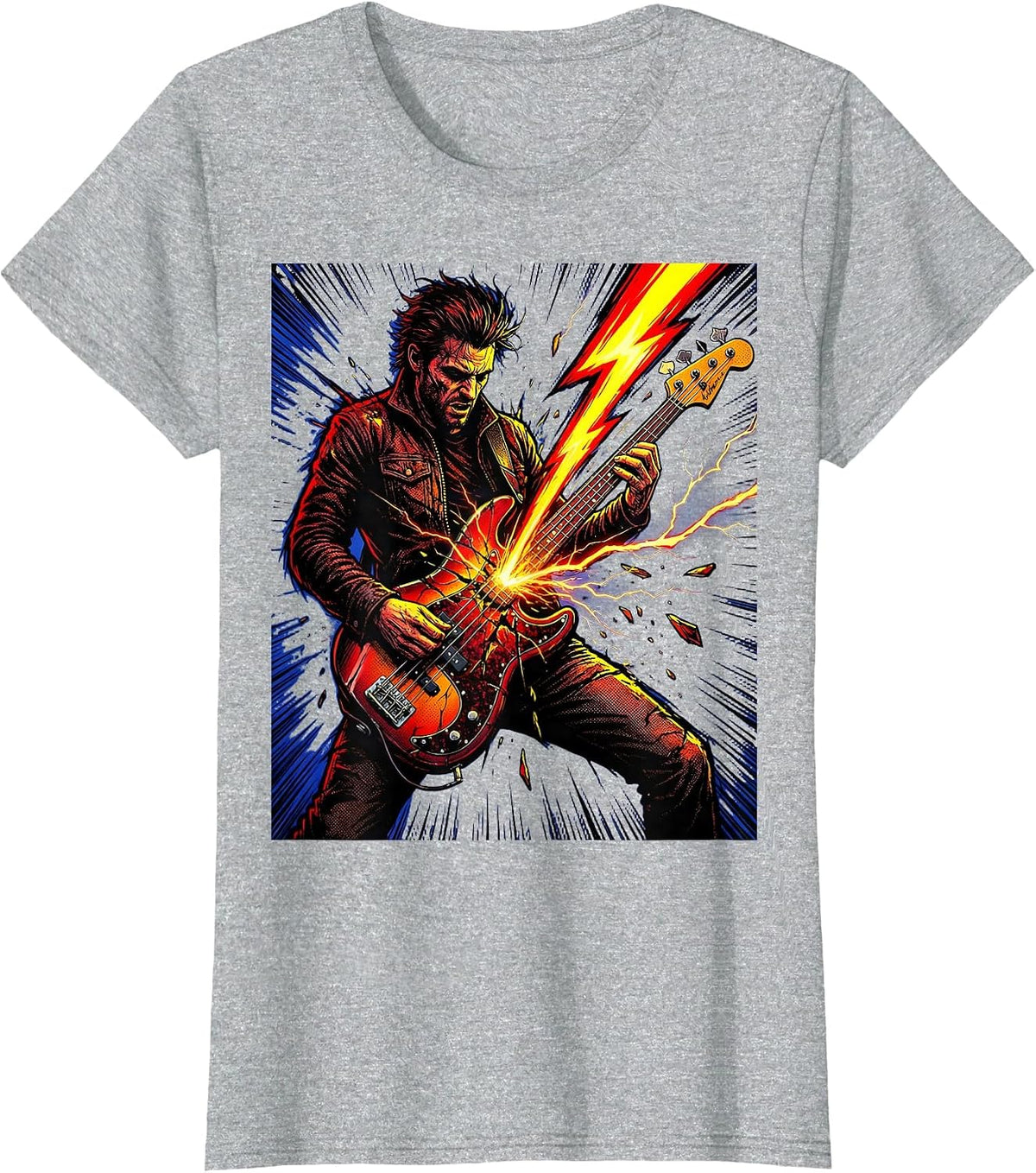 Women's Bassist Lightning Bolt Bass Guitar Rock Band Tee T-Shirt - Heather Grey
