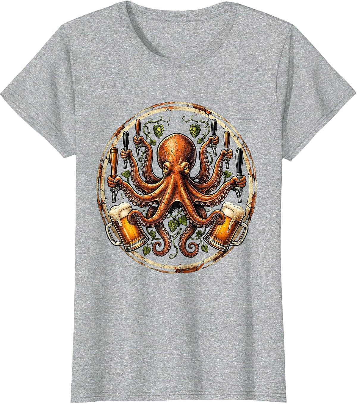 Octopus Draft Beer Multi-Tap Bartender Graphic T-Shirt - Heather Grey