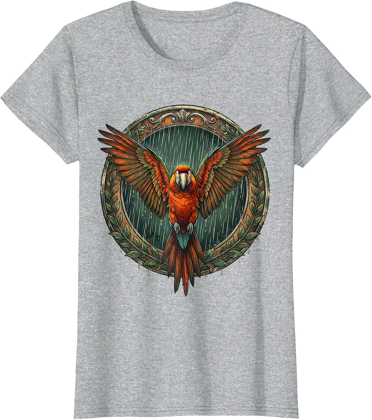 Parrot Spreading Wings in the Rain Jungle Art T-Shirt - Heather Grey