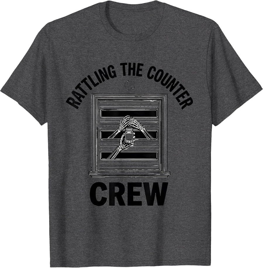 Men's Rattling The Counter Crew Funny Pharmacy Tech Skeleton T-Shirt - Dark Heather Grey