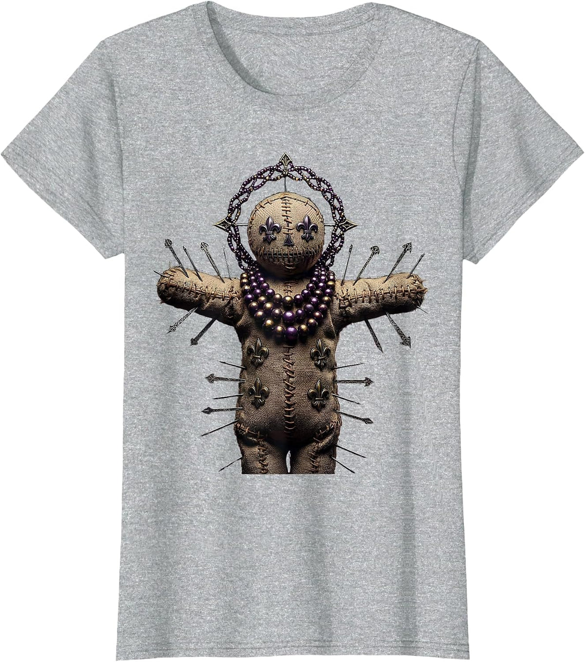 Voodoo Doll Mardi Gras Beads Festive Illustration T-Shirt - Heather Grey