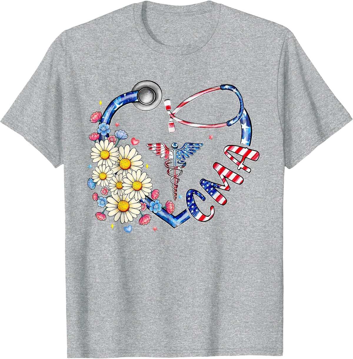Certified Medical Assistant CMA 4th July American Flag Heart T-Shirt - Heather Grey