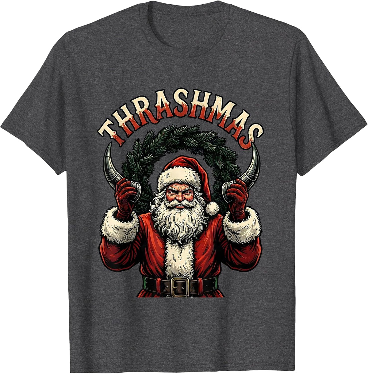 Thrashmas Tattoo Heavy Metal Santa Claus Rock On Funny T-Shirt - Dark Heather Grey