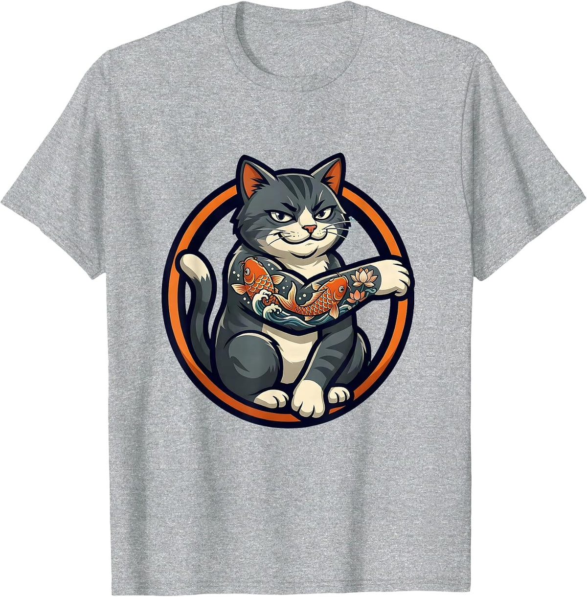 Men's Cat With Koi Fish Tattoo Sleeve Illustration T-Shirt - Heather Grey
