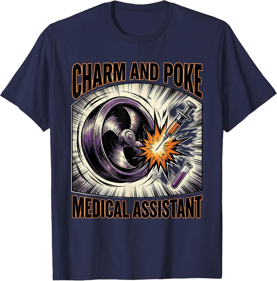 Charm and Poke Medical Assistant Funny Halloween Nurse Humor T-Shirt - Navy Blue