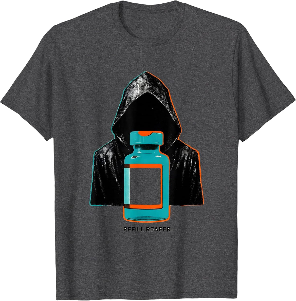 Refill Reaper Risograph Halloween Pharmacy Technician Crew T-Shirt - Dark Heather Grey