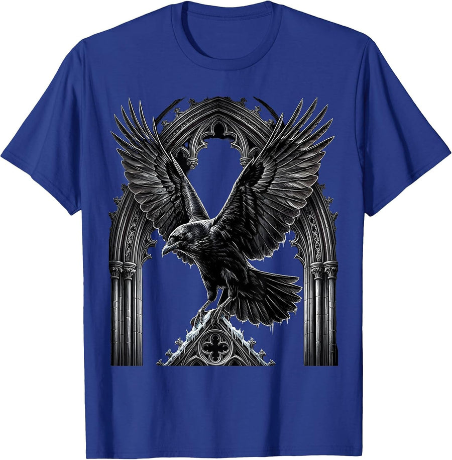 Crow Mid-Dive Spread Wings Illustration T-Shirt - Royal Blue