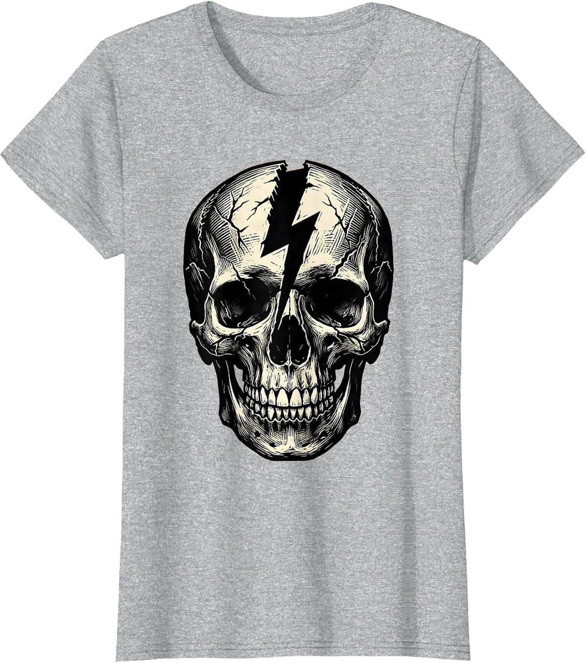Women's Cracked Skull Lightning Bolt Split Graphic T-Shirt - Heather Grey