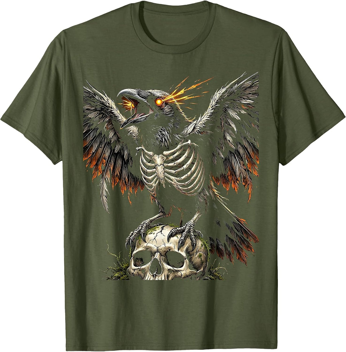 Skeletal Crow Glowing Eyes Dark Gothic Art T-Shirt - Olive Green