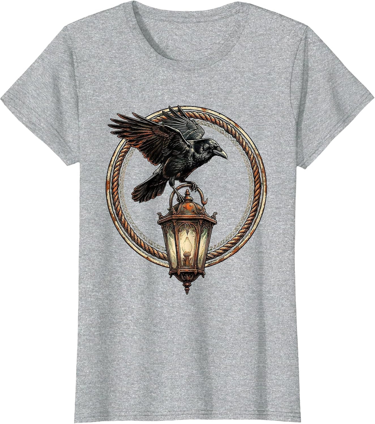 Women's Crow Perched on Old Lantern Illustration T-Shirt - Heather Grey