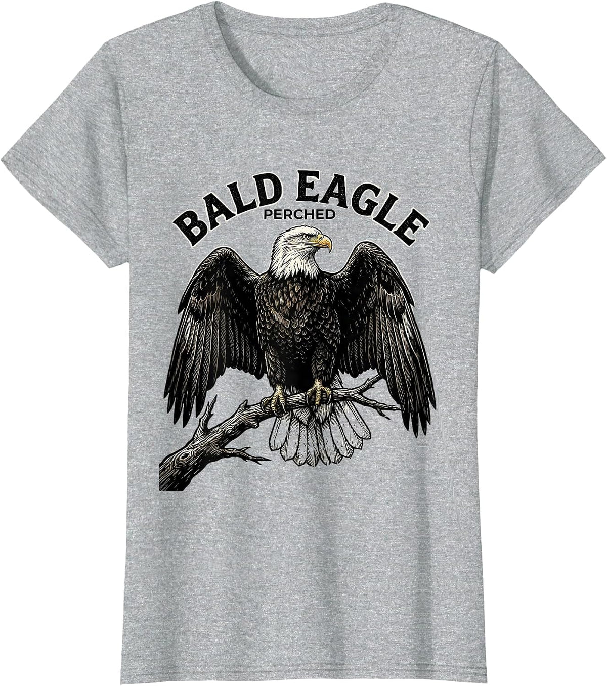 Bald Eagle Perched Vintage Woodcut Engraving Patriotic T-Shirt - Heather Grey