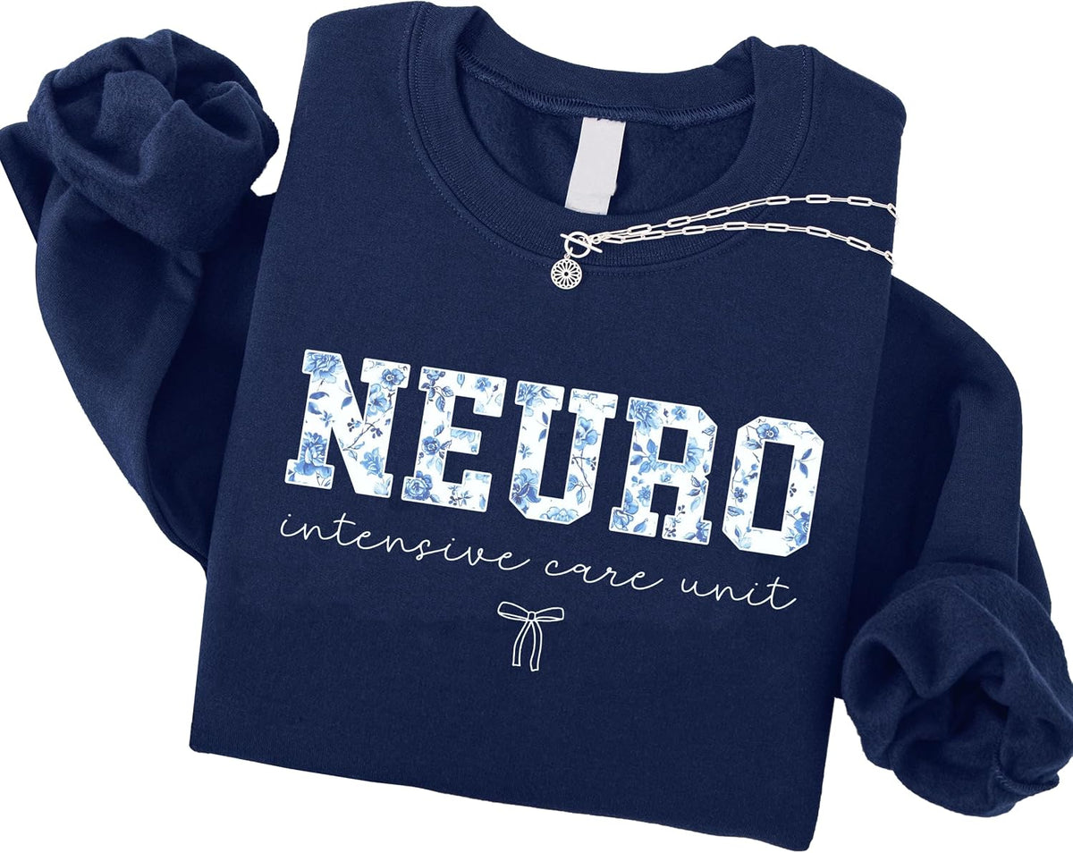 Custom Floral Medical Staff Sweatshirt, Personalized Healthcare Worker Crewneck with Blue Toile Letters, Nurse Gifts - Neuro