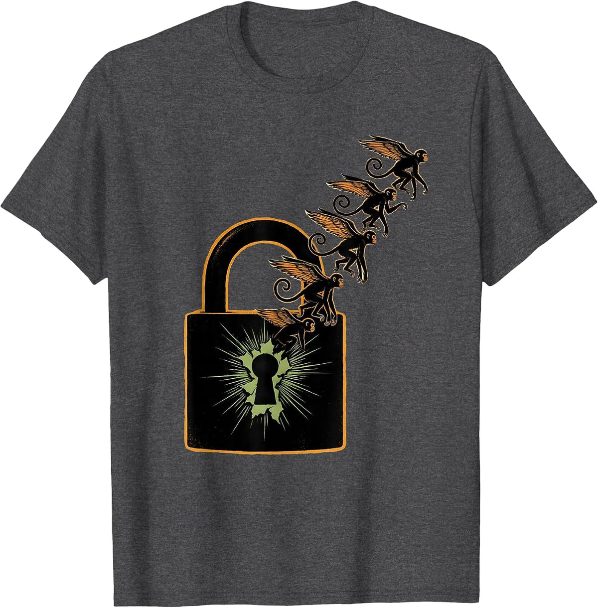 Flying Monkeys Padlock Ripped Open Funny Monkey Meme T-Shirt - Dark Heather Grey