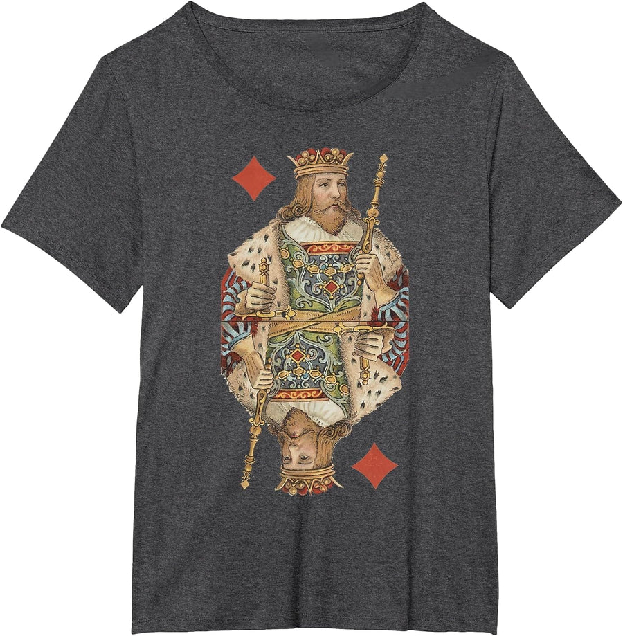 King of Diamonds Antique Art Nouveau Playing Card Art T-Shirt, Women's Plus, Dark Heather Grey, 4X - As Pictured