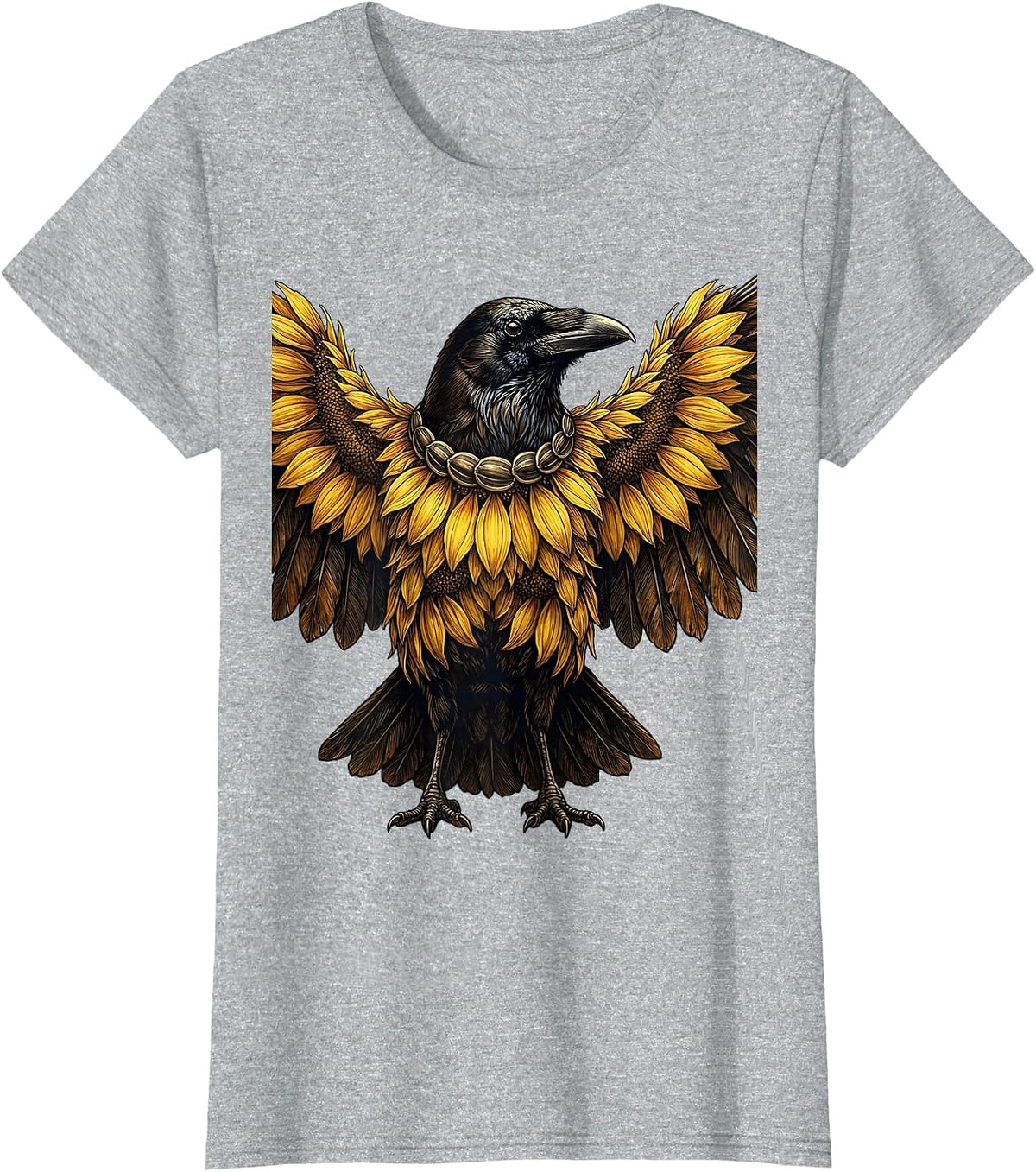 Crow with Sunflower Petal Feathers Illustration T-Shirt - Heather Grey