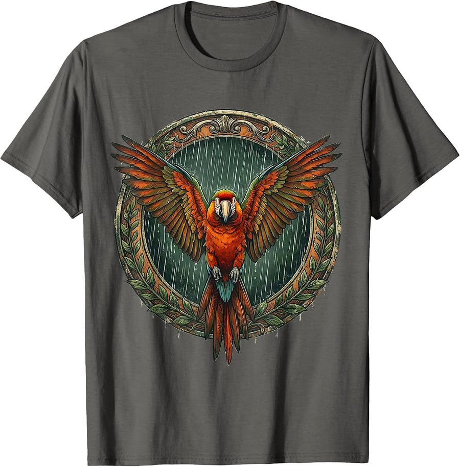 Parrot Spreading Wings in the Rain Jungle Art T-Shirt - Asphalt Grey
