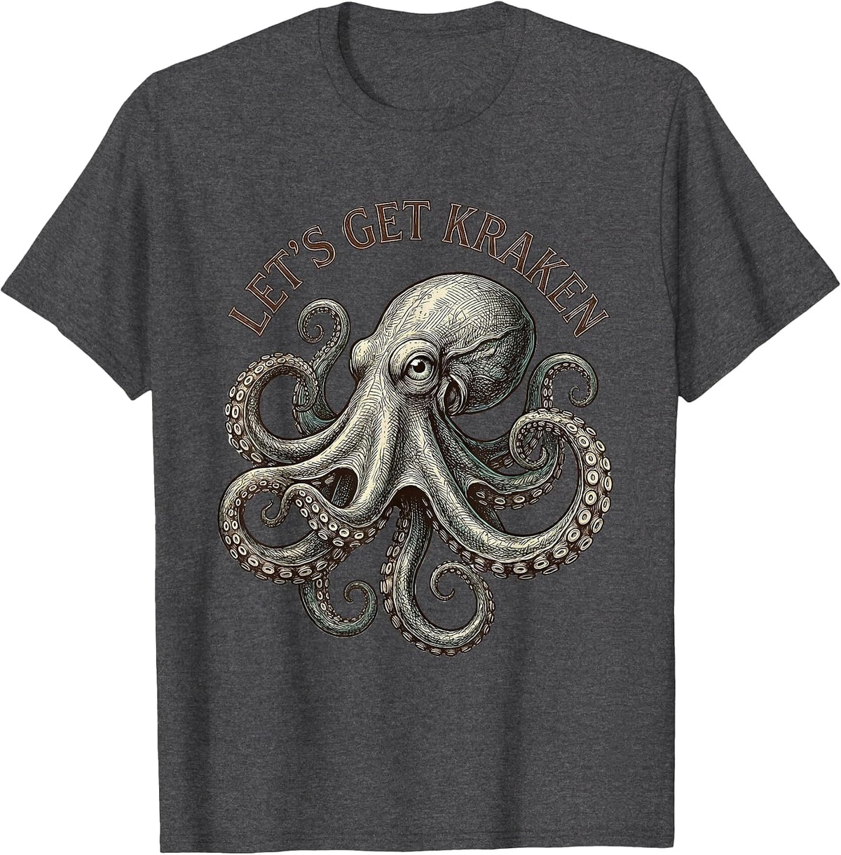 Men's Let's Get Kraken Crosshatch Octopus Etching Marine Biology T-Shirt - Dark Heather Grey