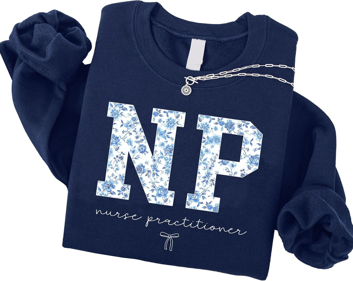 Custom Floral Medical Staff Sweatshirt, Personalized Healthcare Worker Crewneck with Blue Toile Letters, Nurse Gifts - Np