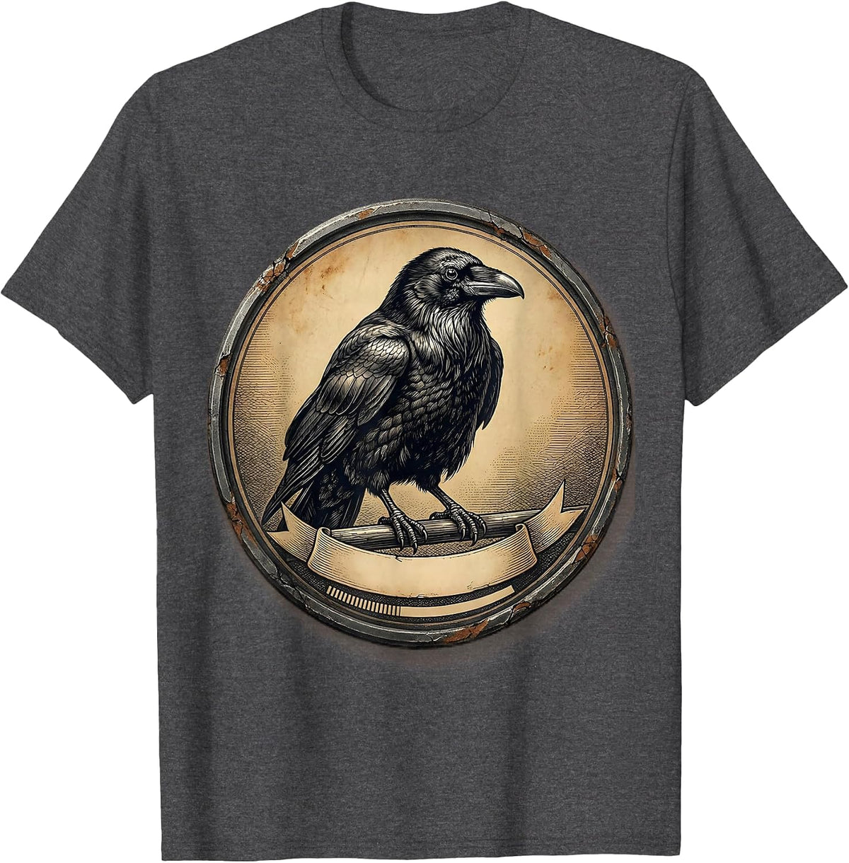 Front-Facing Crow Portrait Distressed Gothic Humor T-Shirt - Dark Heather Grey