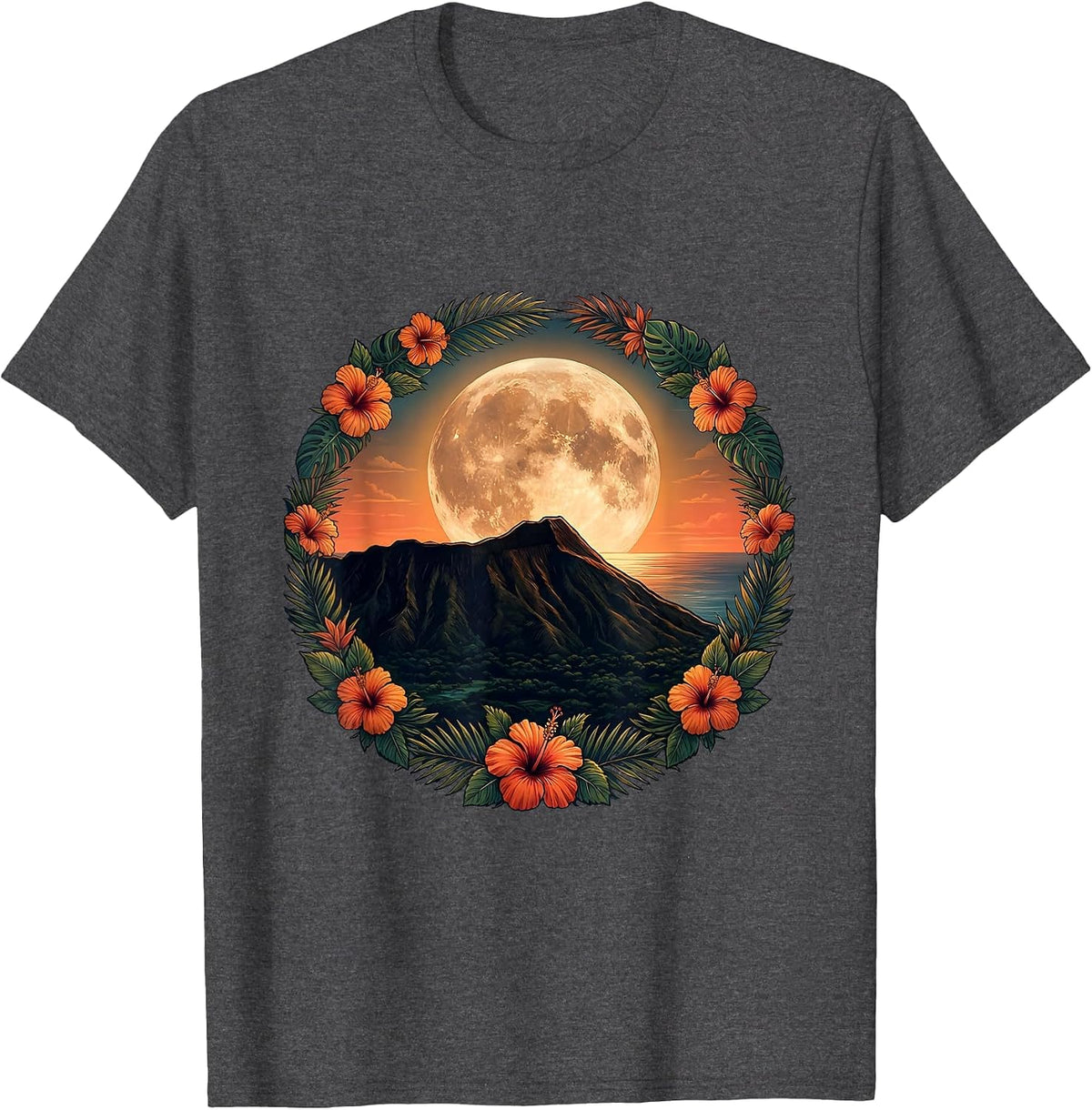 Moonlit Diamond Head Volcanic Crater Hawaii Art T-Shirt - Dark Heather Grey