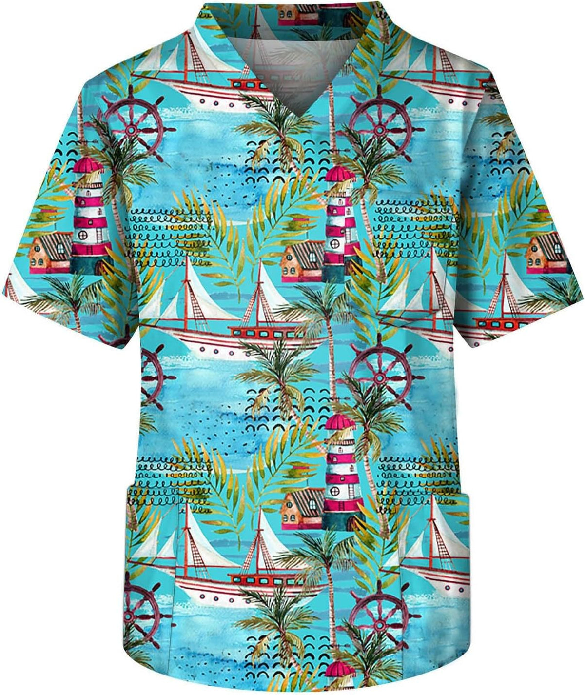 Men's Medical Scrub Top V-Neck Breathable Stretch Work Shirt with Pockets - 2-sky Blue