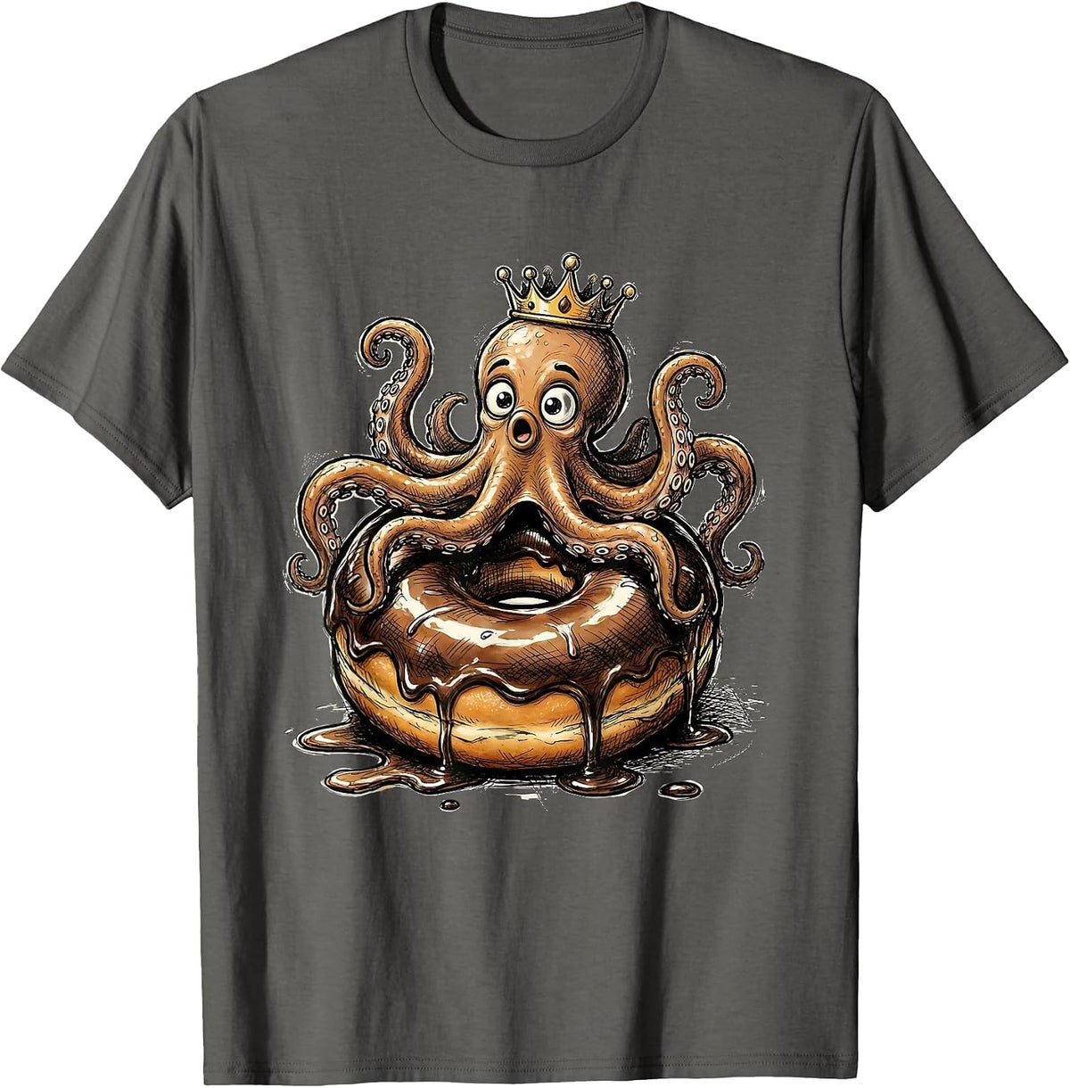 Octopus Glazed Donut Funny Food Art Design T-Shirt - Asphalt Grey