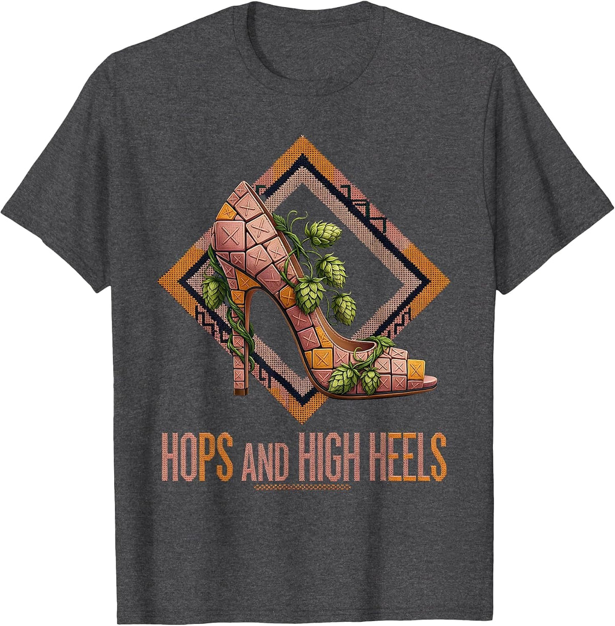 Men's Hops and High Heels Beer Lover Design T-Shirt - Dark Heather Grey