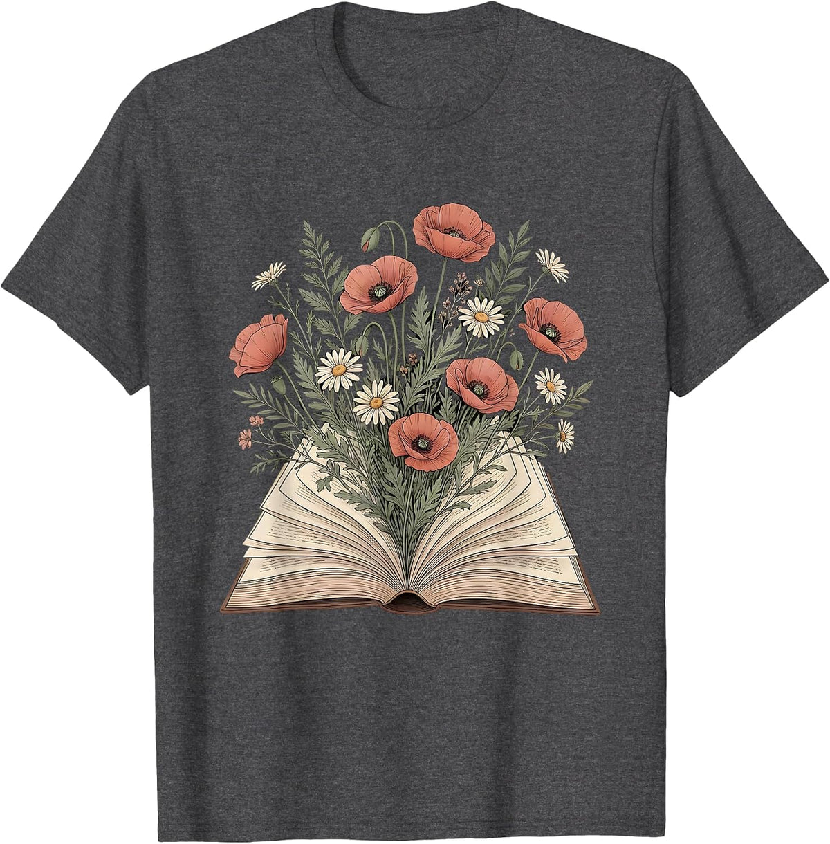 Floral Open Book Blooming Pages Illustration T-Shirt - Dark Heather Grey
