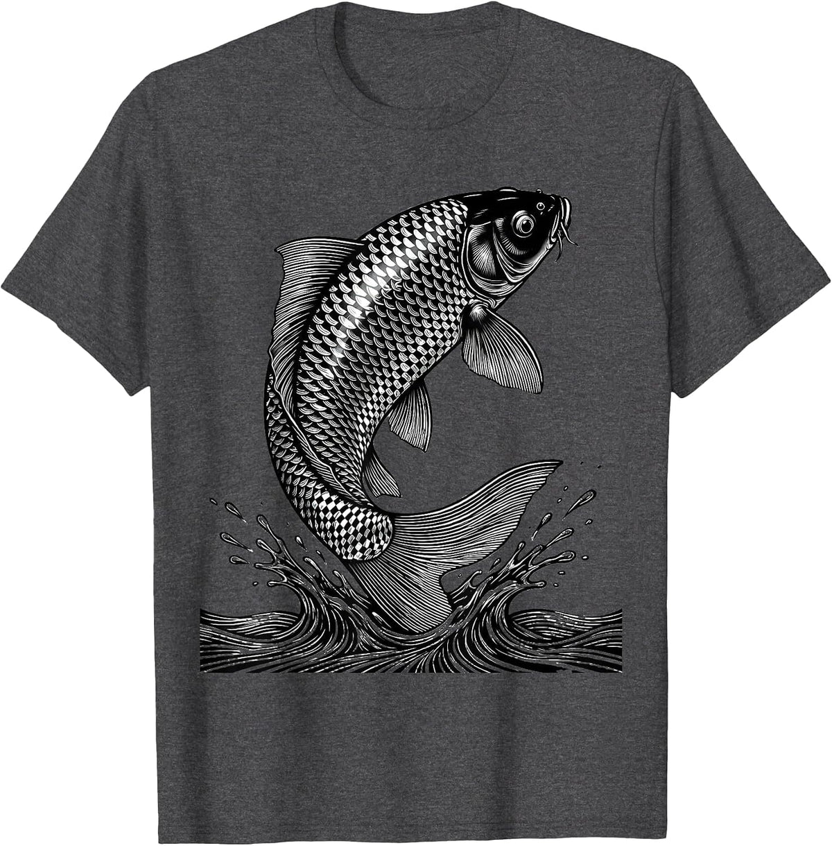 Black and White Checkered Koi Fish Leap T-Shirt - Dark Heather Grey