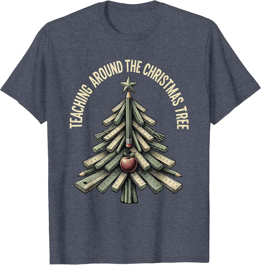 Teaching Around The Christmas Tree Distressed Funny Teacher T-Shirt - Heather Blue