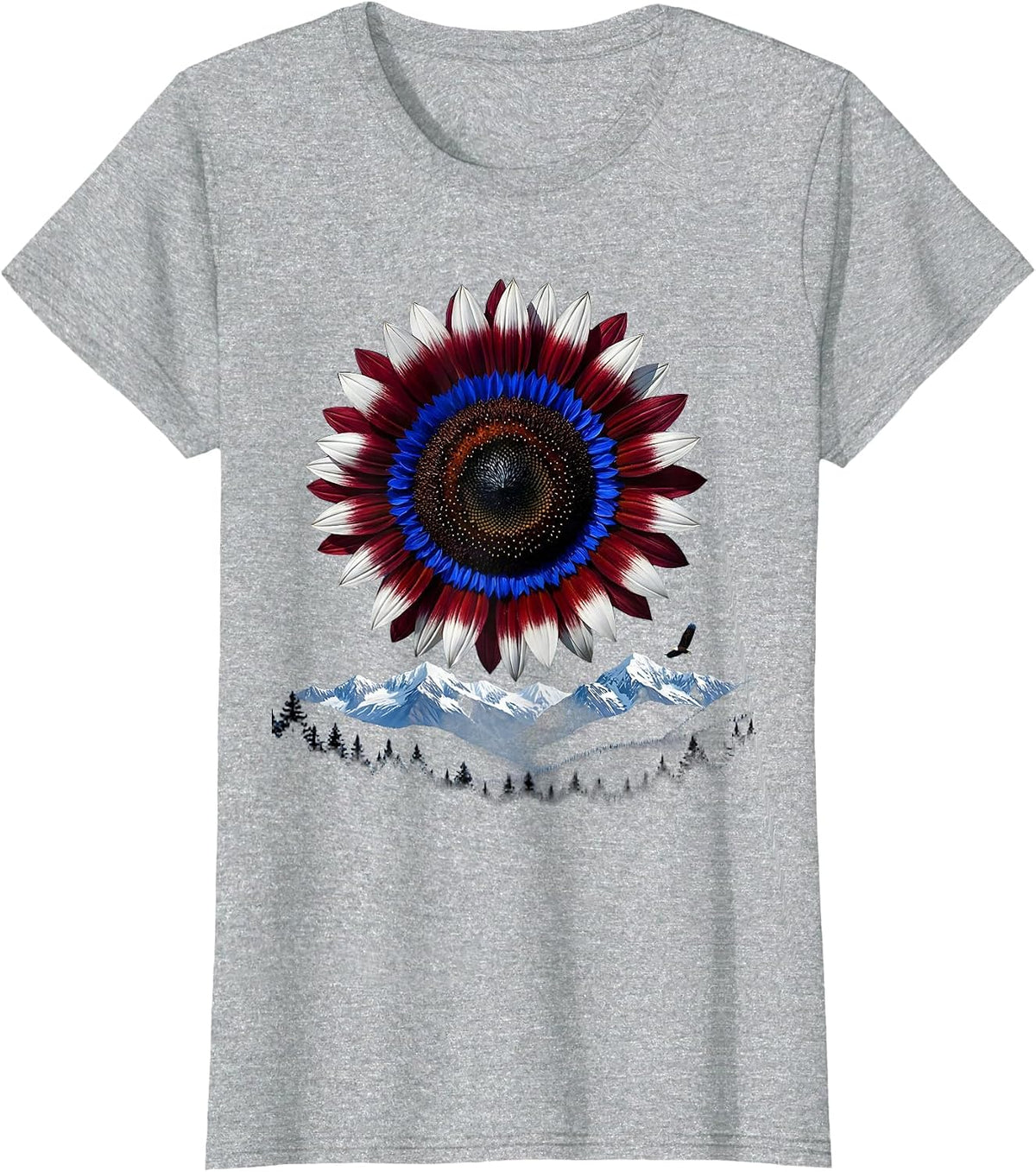 Red White and Blue Sunflower Patriotic Floral Design T-Shirt - Heather Grey