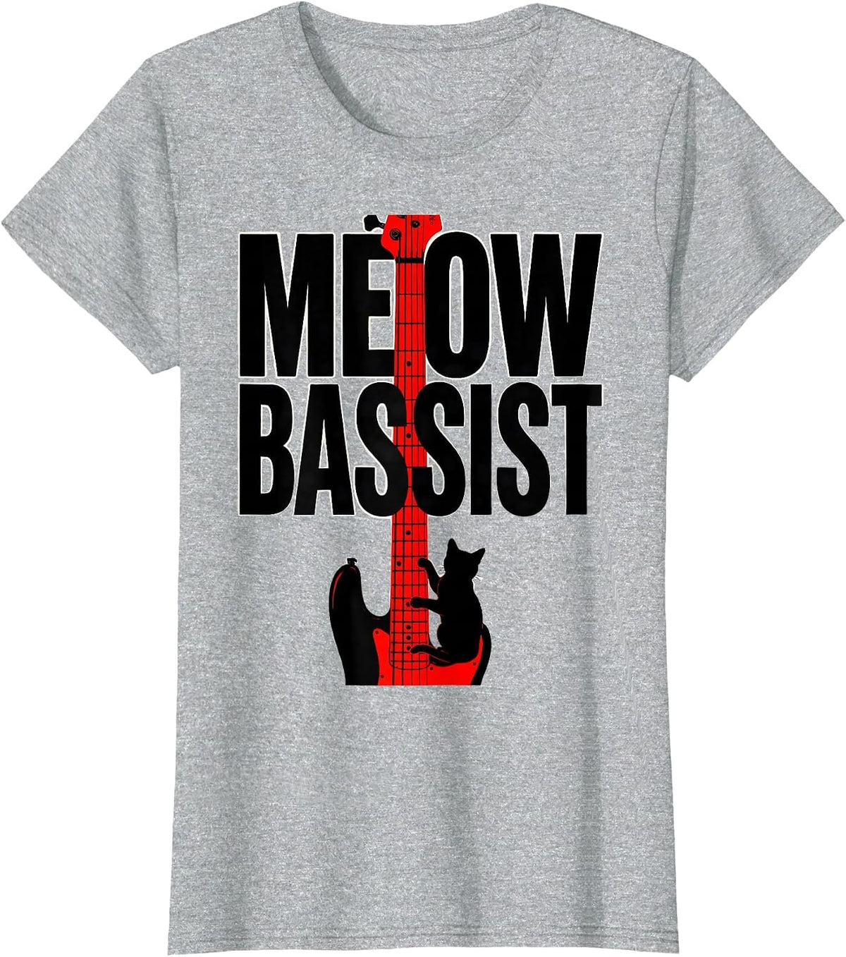 Women's Meow Bassist Funny Cat Rock Music Bass Guitar Humor T-Shirt - Heather Grey