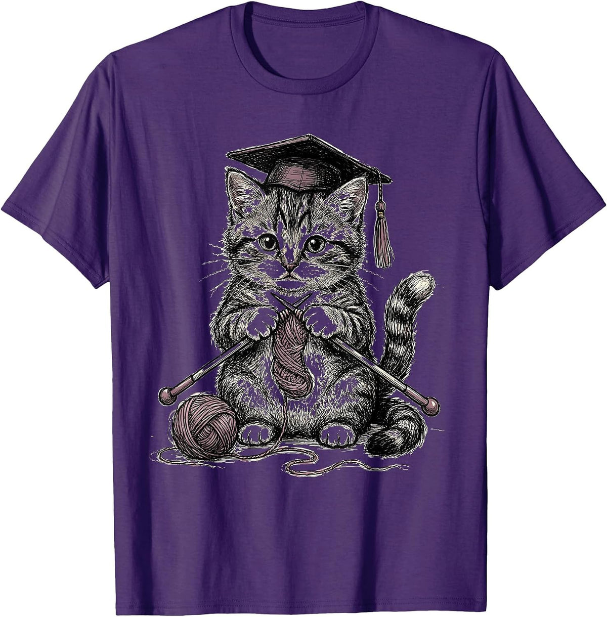 Cute Kitten Knitting Graduation Tassel Teacher T-Shirt - Purple
