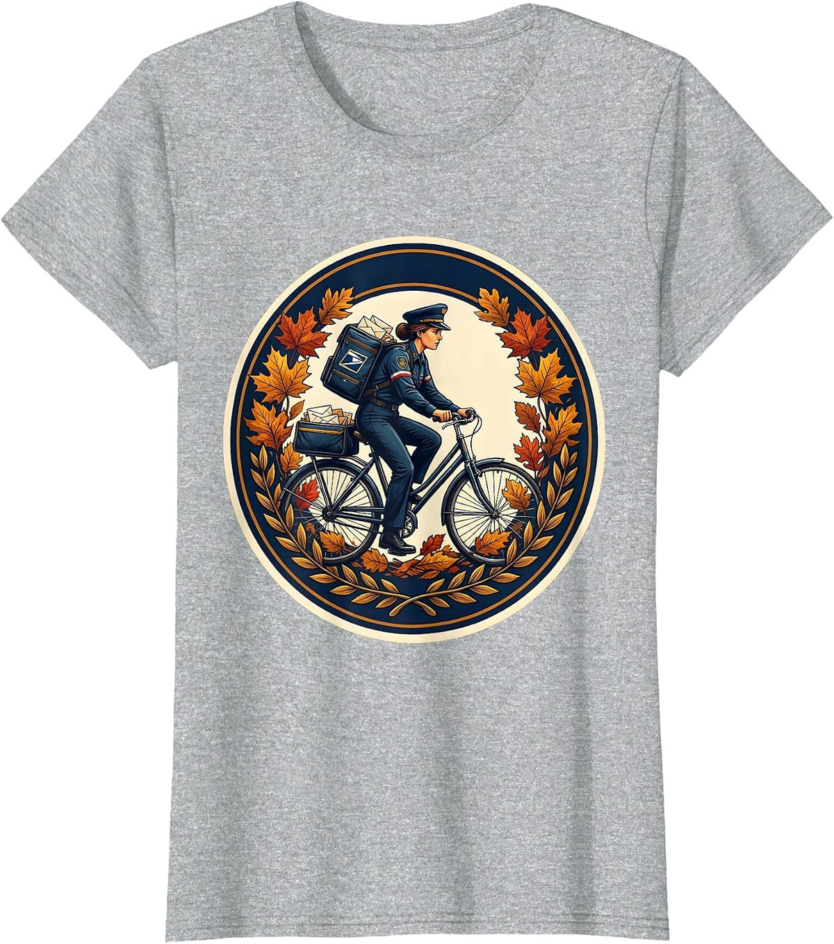 Mail Carrier Biking Through Autumn Leaves Labor Day T-Shirt - Heather Grey