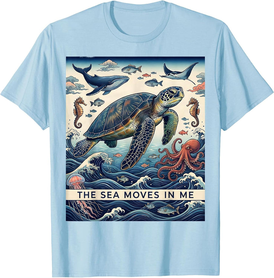 Men's The Sea Moves In Me Ukiyo-e Ocean Nature Marine Life Lover T-Shirt - Baby Blue