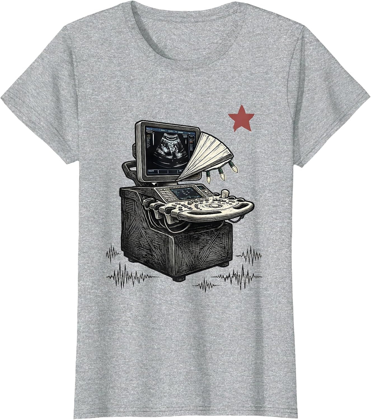 Dark Ultrasound Console Christmas Light String Sonographer T-Shirt - Heather Grey