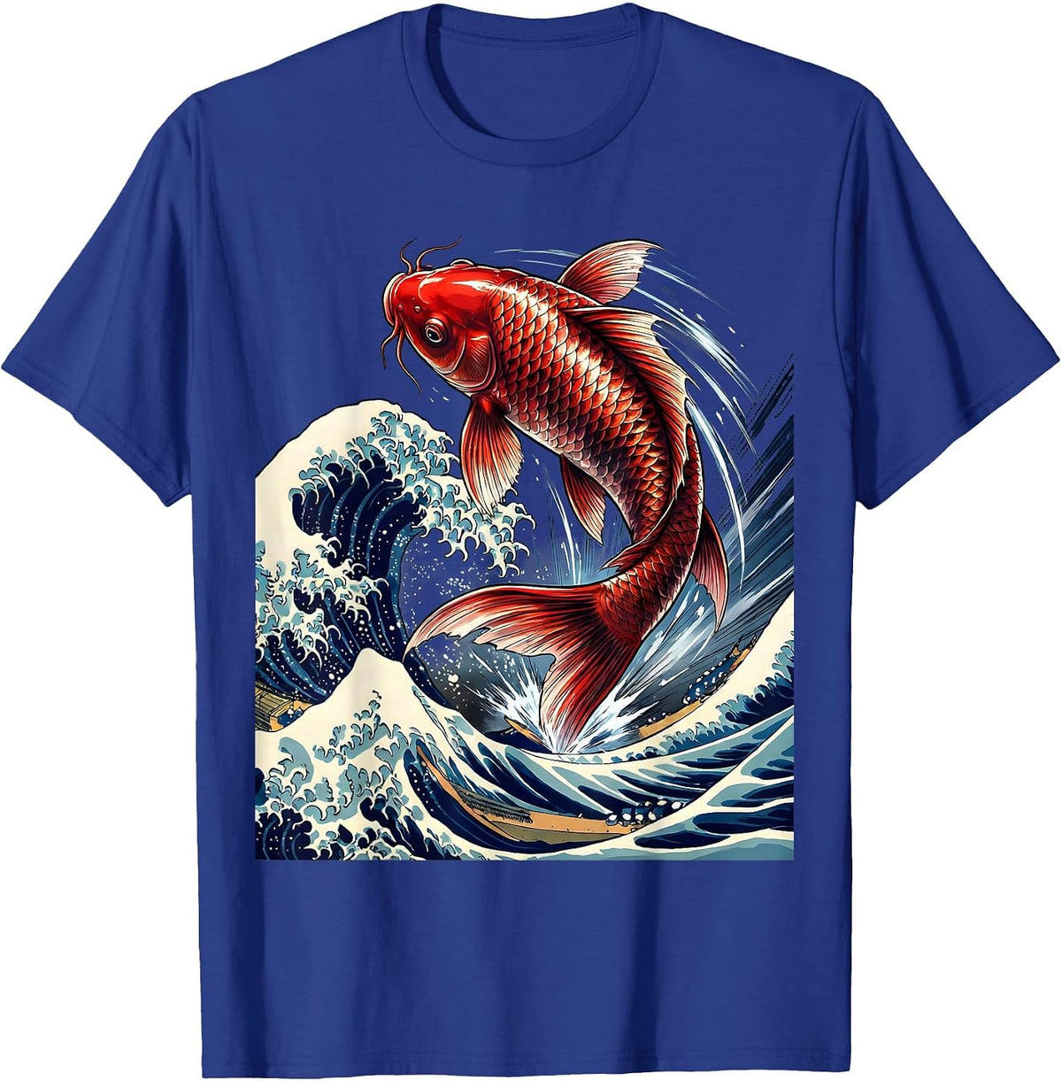 Men's Koi Fish Leaping Through Crashing Wave Art T-Shirt - Royal Blue