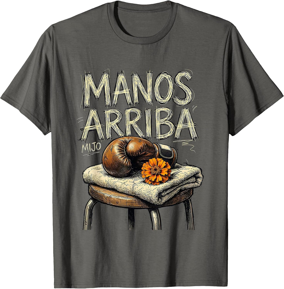 Manos Arriba Mijo Hand-Sketched Día de los Muertos Boxing T-Shirt - Asphalt Grey