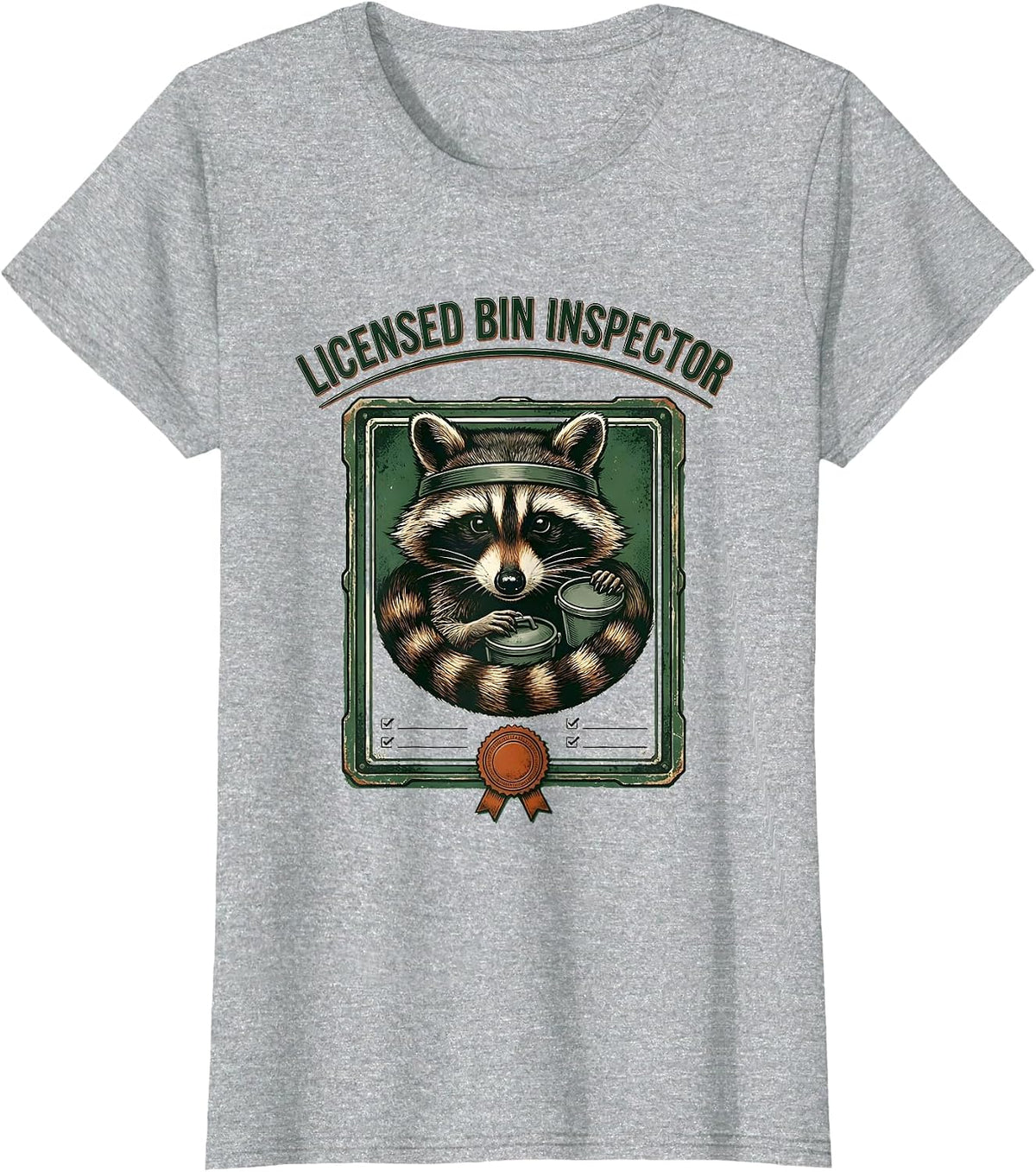Women's Licensed Bin Inspector Vintage Funny Raccoon Trash Panda T-Shirt - Heather Grey