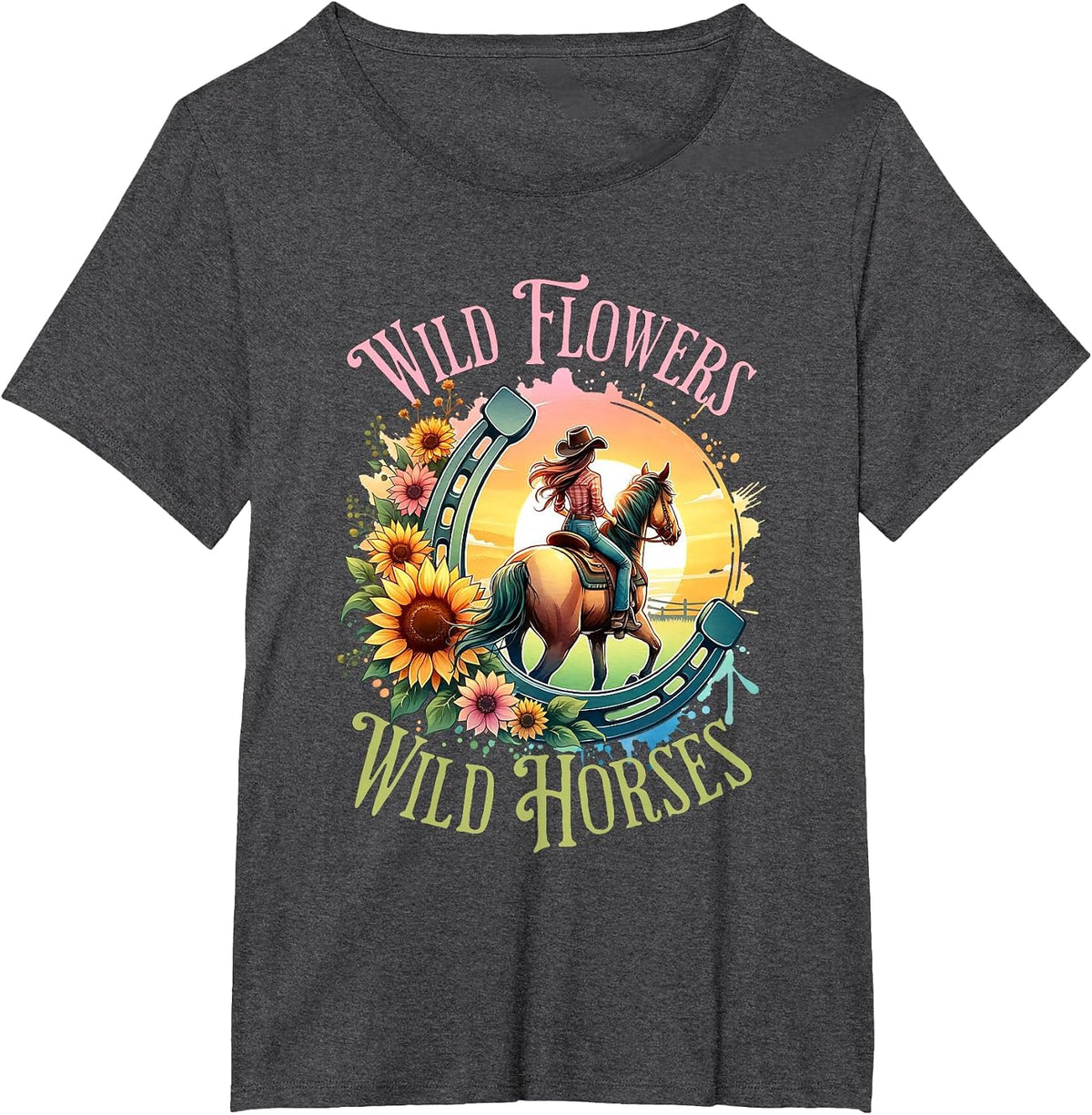 Wild Flowers & Wild Horses Country Sunset Western Cowgirl T-Shirt - Dark Heather Grey