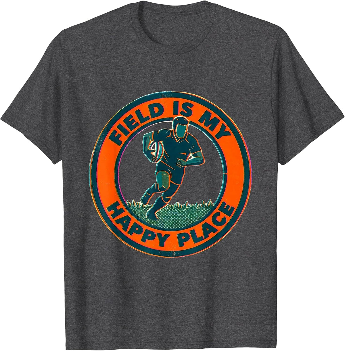 Field Is My Happy Place Rugby Design T-Shirt - Dark Heather Grey