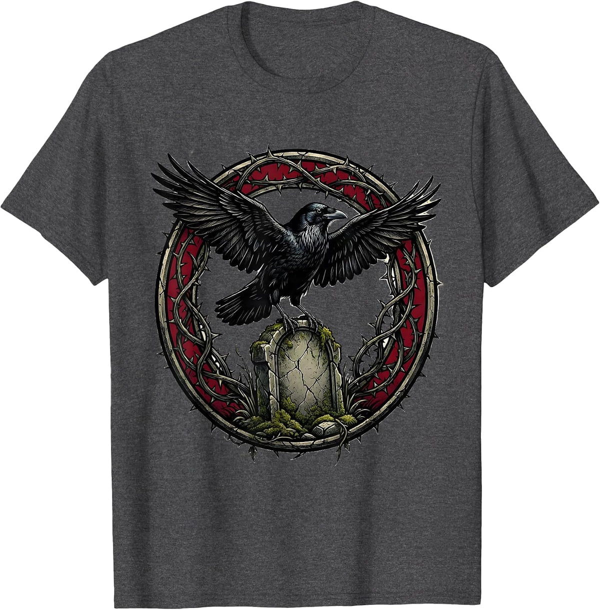 Men's Crow on Crumbling Gravestone Gothic Art T-Shirt - Dark Heather Grey