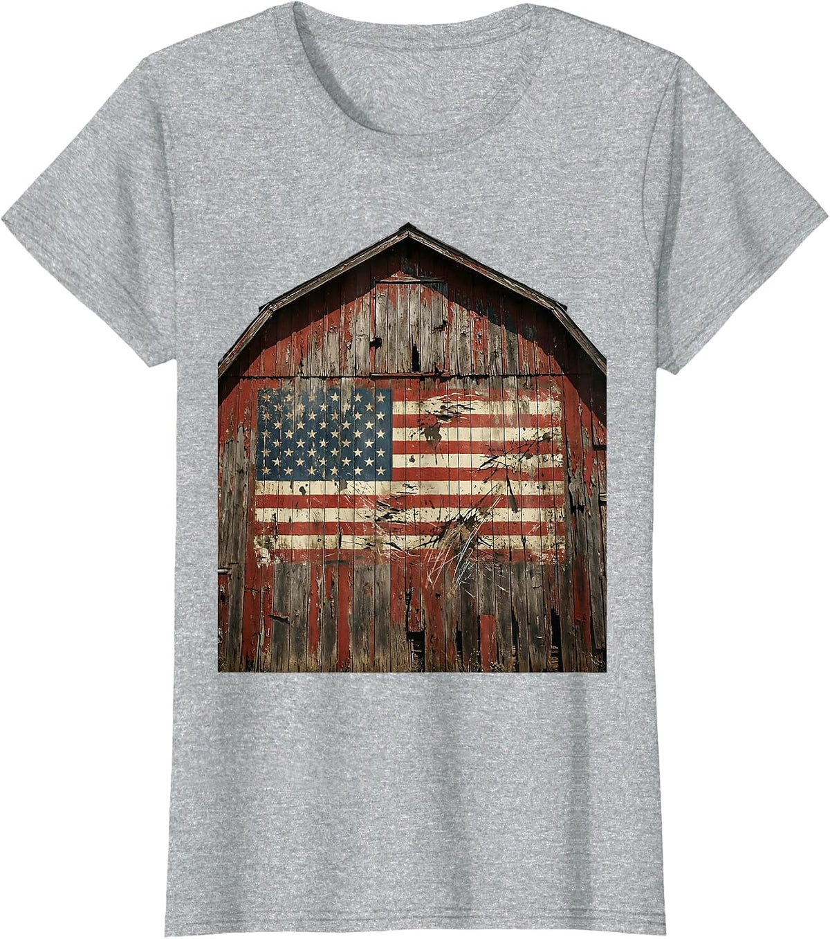 Rustic Barn Weathered Patriotic Flag Illustration T-Shirt - Heather Grey