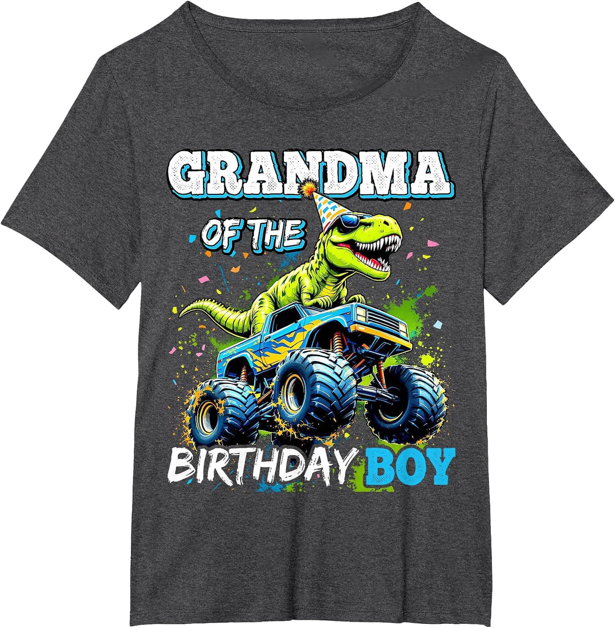 Grandma of the Birthday Boy Monster Truck Dinosaur Party T-Shirt - Dark Heather Grey