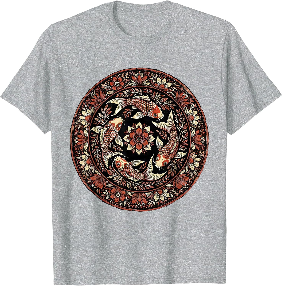 Men's Red White and Blue Koi Fish Swirl Design T-Shirt - Heather Grey